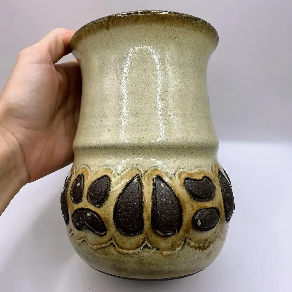 Handmade Nature Animal Deer Tracks Earth Tones Studio Pottery Vase Artist Signed